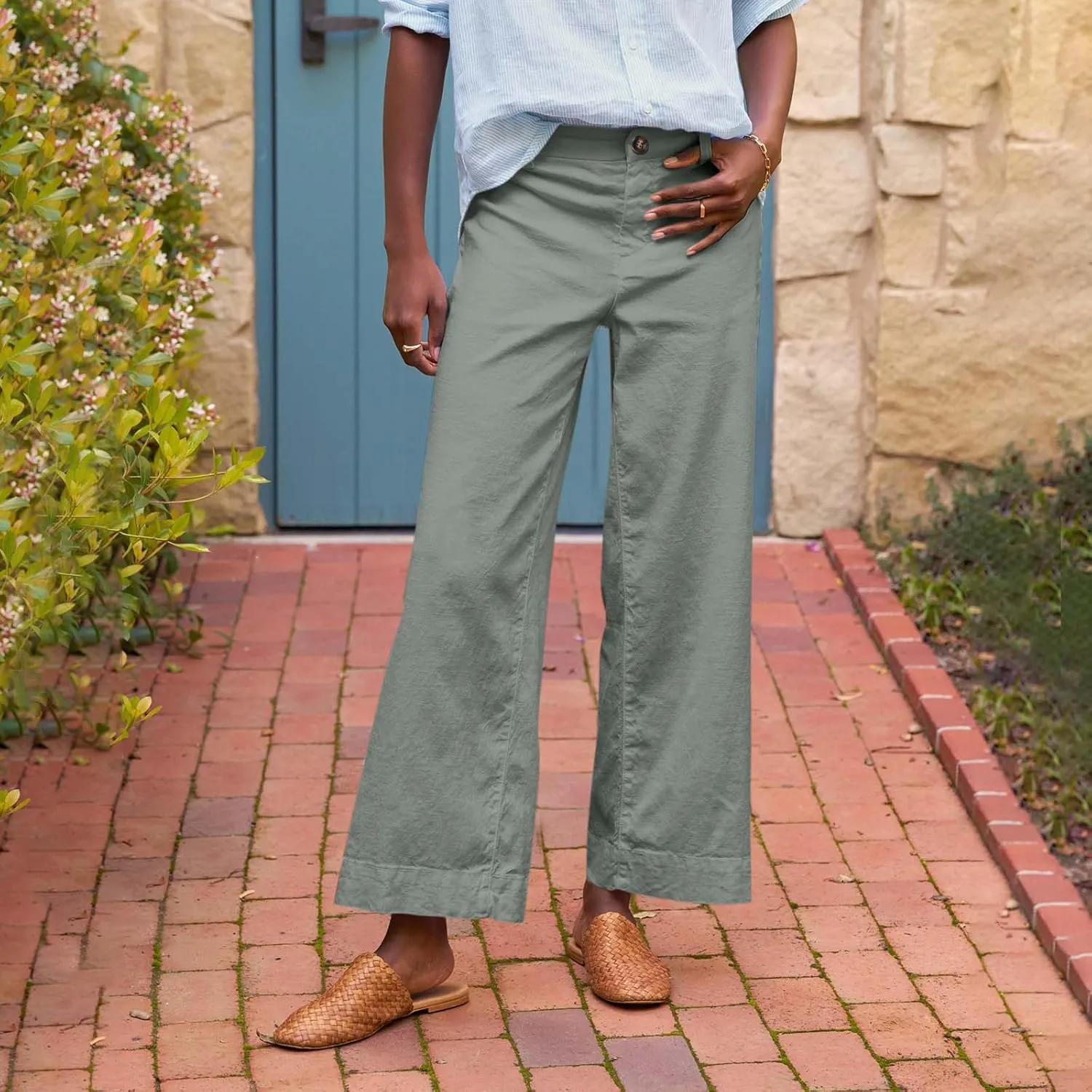 Cropped Linen Pants Women High Waisted Wide Leg Capri Work Pants Business Casual Ankle Pants with Pockets