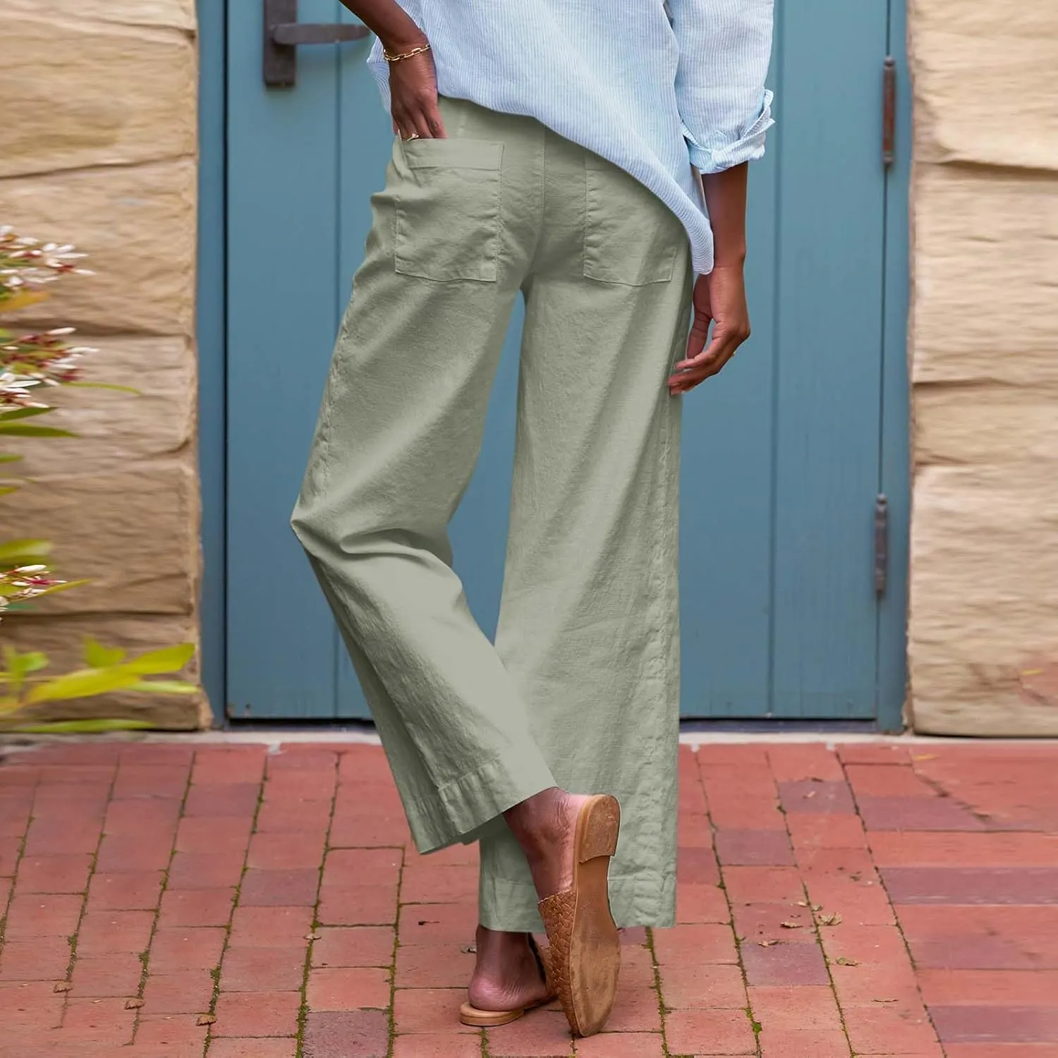 Cropped Linen Pants Women High Waisted Wide Leg Capri Work Pants Business Casual Ankle Teacher Pants with Pockets