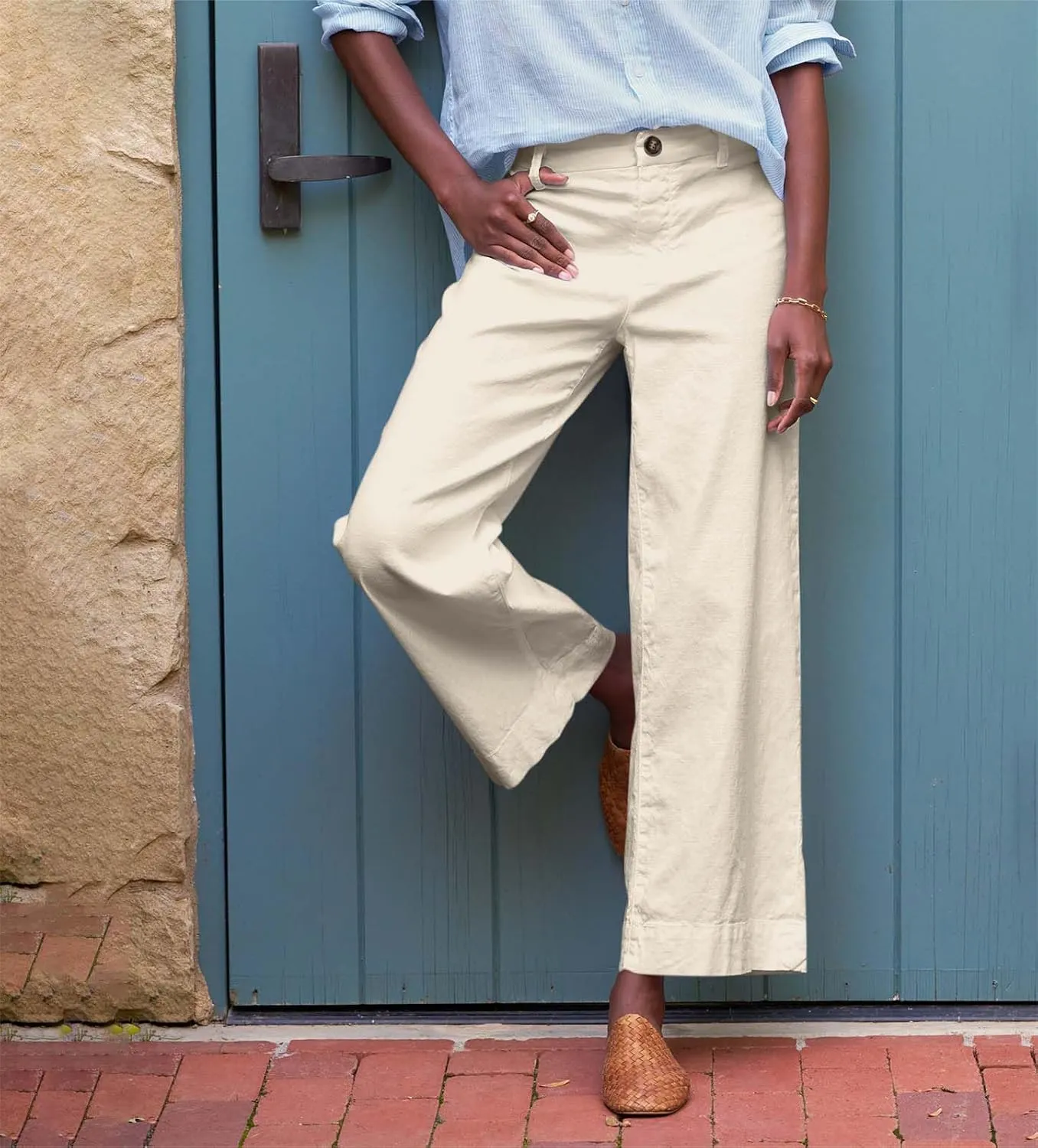 Cropped Linen Pants Women High Waisted Wide Leg Capri Work Pants Business Casual Ankle Teacher Pants with Pockets