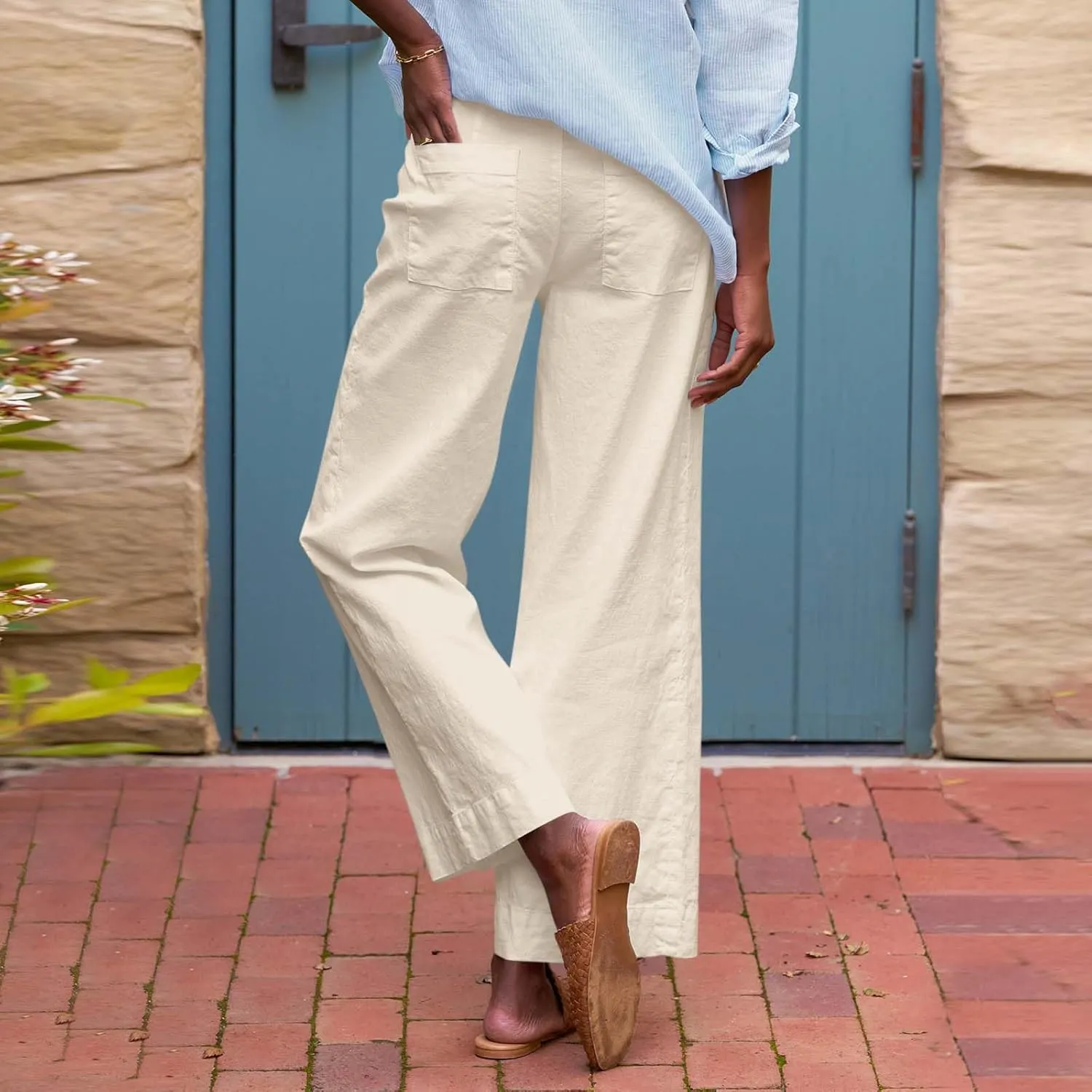Cropped Linen Pants Women High Waisted Wide Leg Capri Work Pants Business Casual Ankle Teacher Pants with Pockets