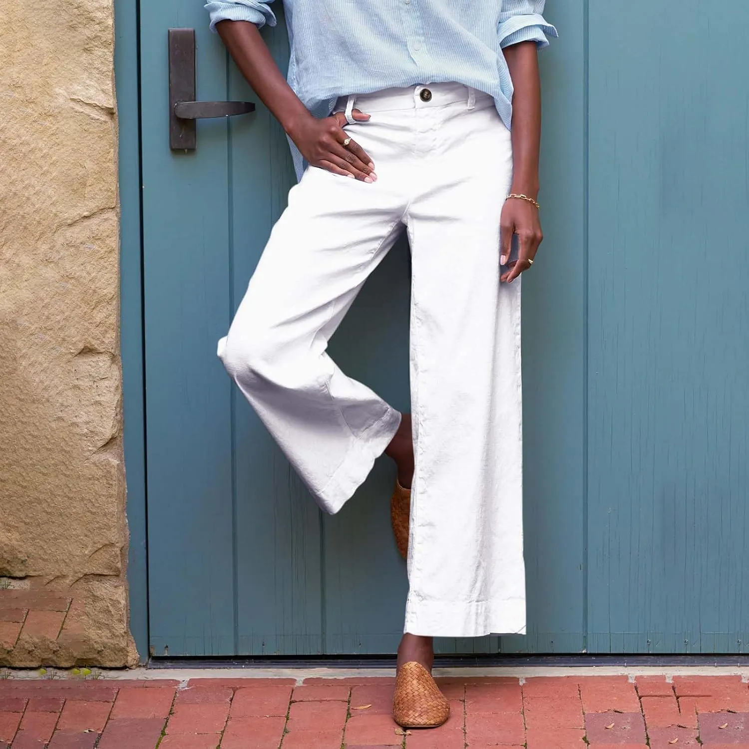 Cropped Linen Pants Women High Waisted Wide Leg Capri Work Pants Business Casual Ankle Teacher Pants with Pockets
