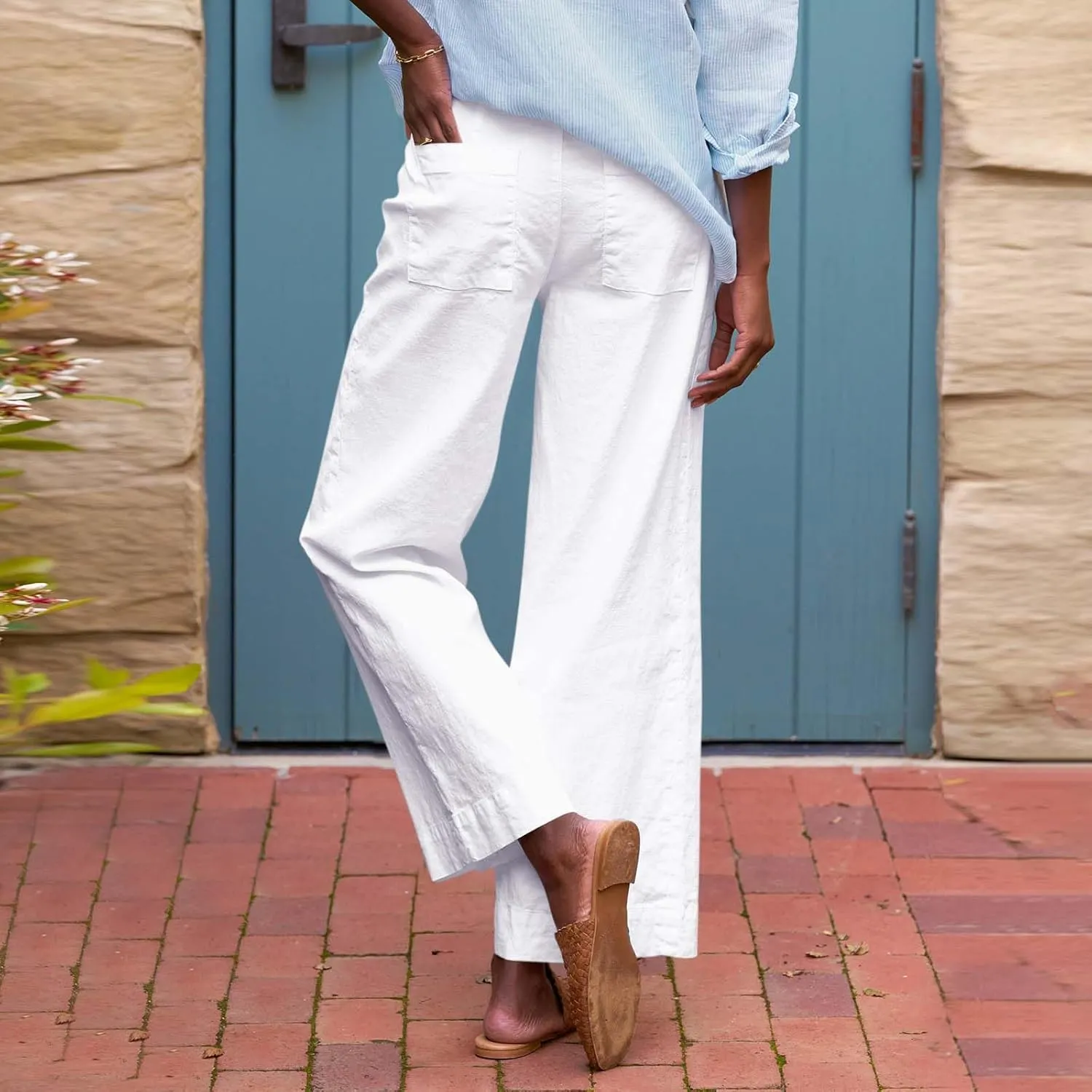 Cropped Linen Pants Women High Waisted Wide Leg Capri Work Pants Business Casual Ankle Teacher Pants with Pockets