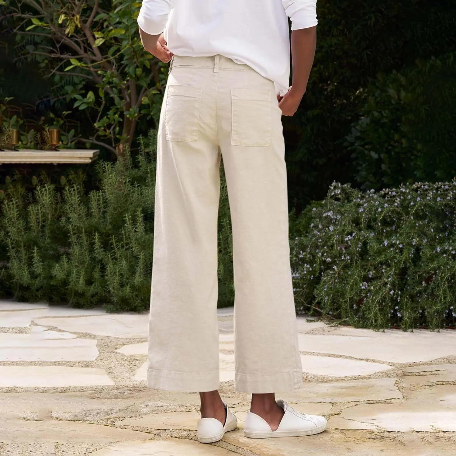 Cropped Linen Pants Women High Waisted Wide Leg Capri Work Pants Business Casual Ankle Teacher Pants with Pockets