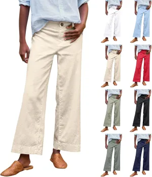 Cropped Linen Pants Women High Waisted Wide Leg Capri Work Pants Business Casual Ankle Teacher Pants with Pockets
