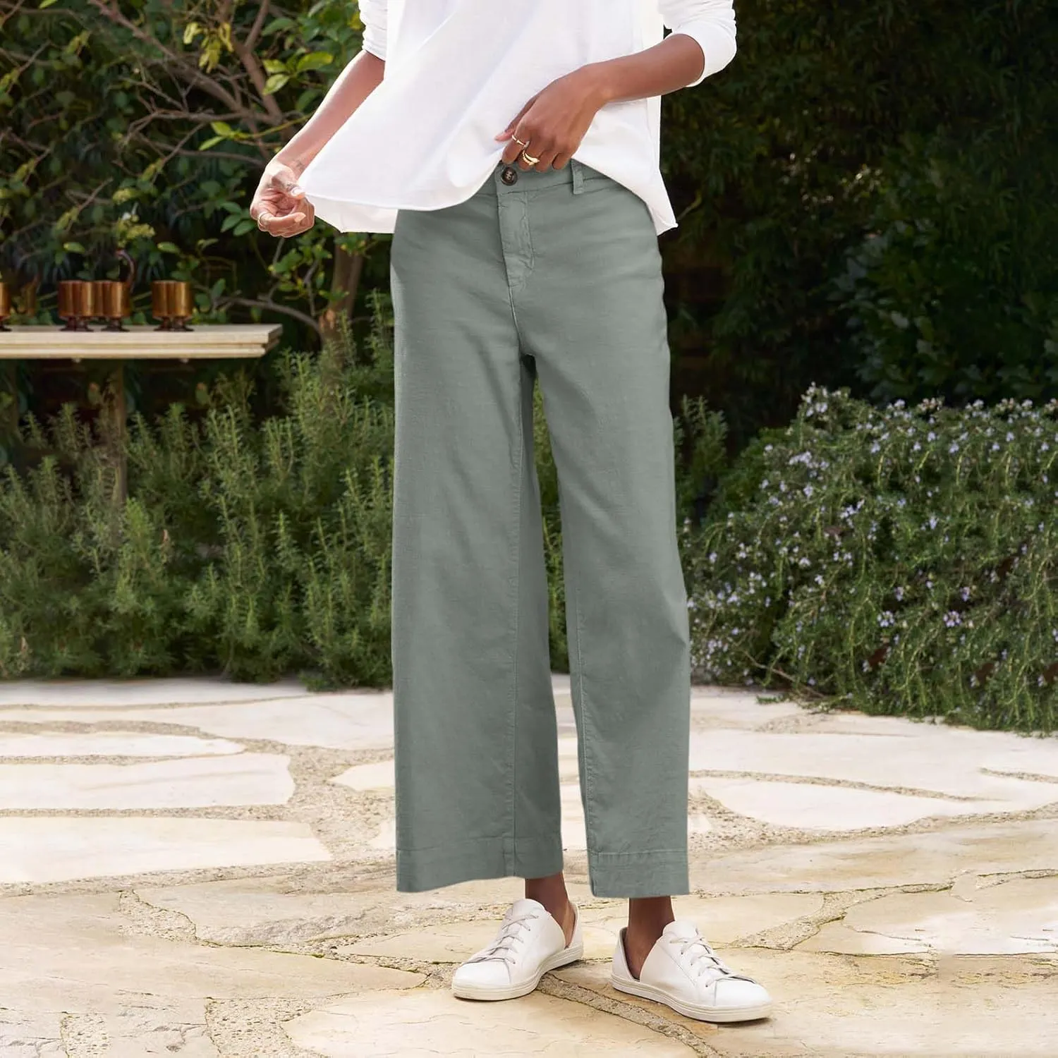 Cropped Linen Pants Women High Waisted Wide Leg Capri Work Pants Business Casual Ankle Teacher Pants with Pockets