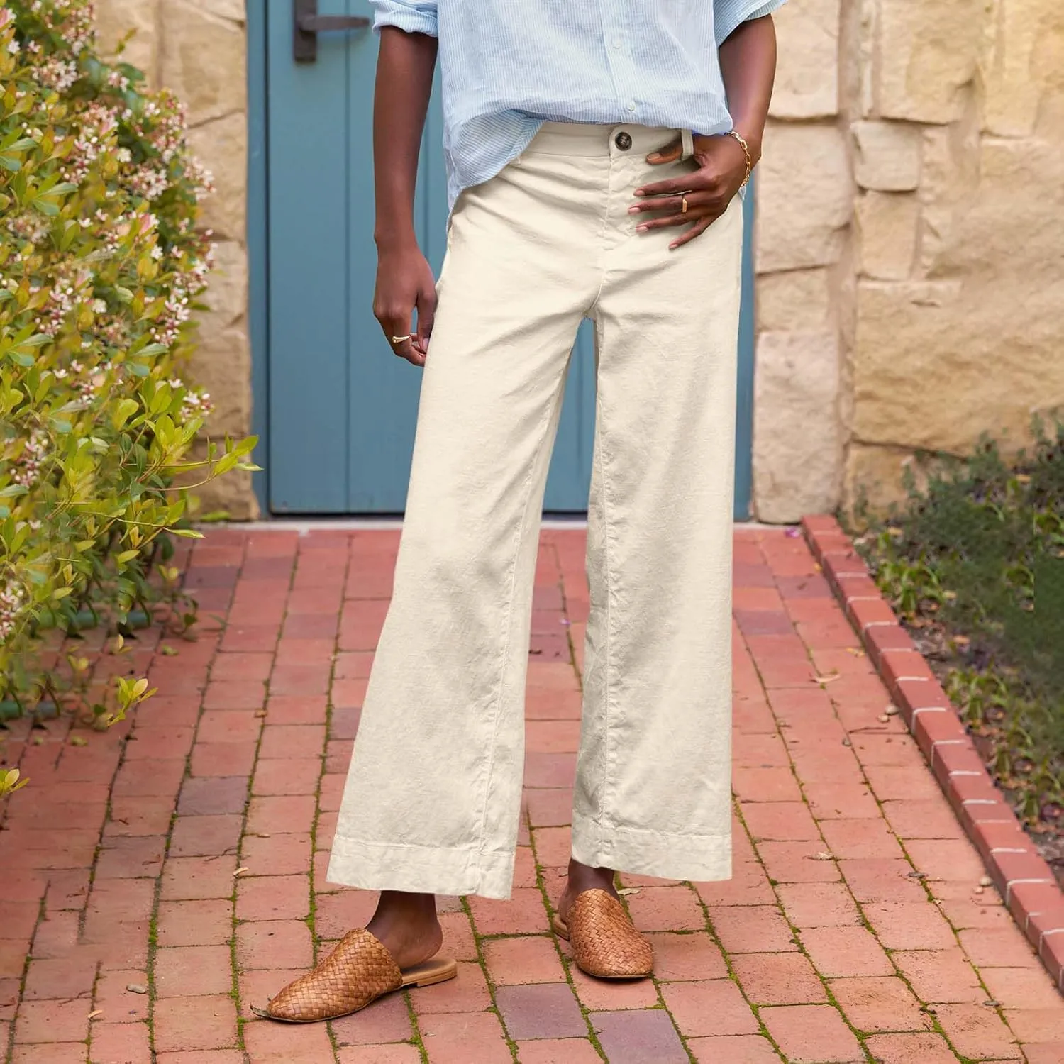 Cropped Linen Pants Women High Waisted Wide Leg Capri Work Pants Business Casual Ankle Teacher Pants with Pockets