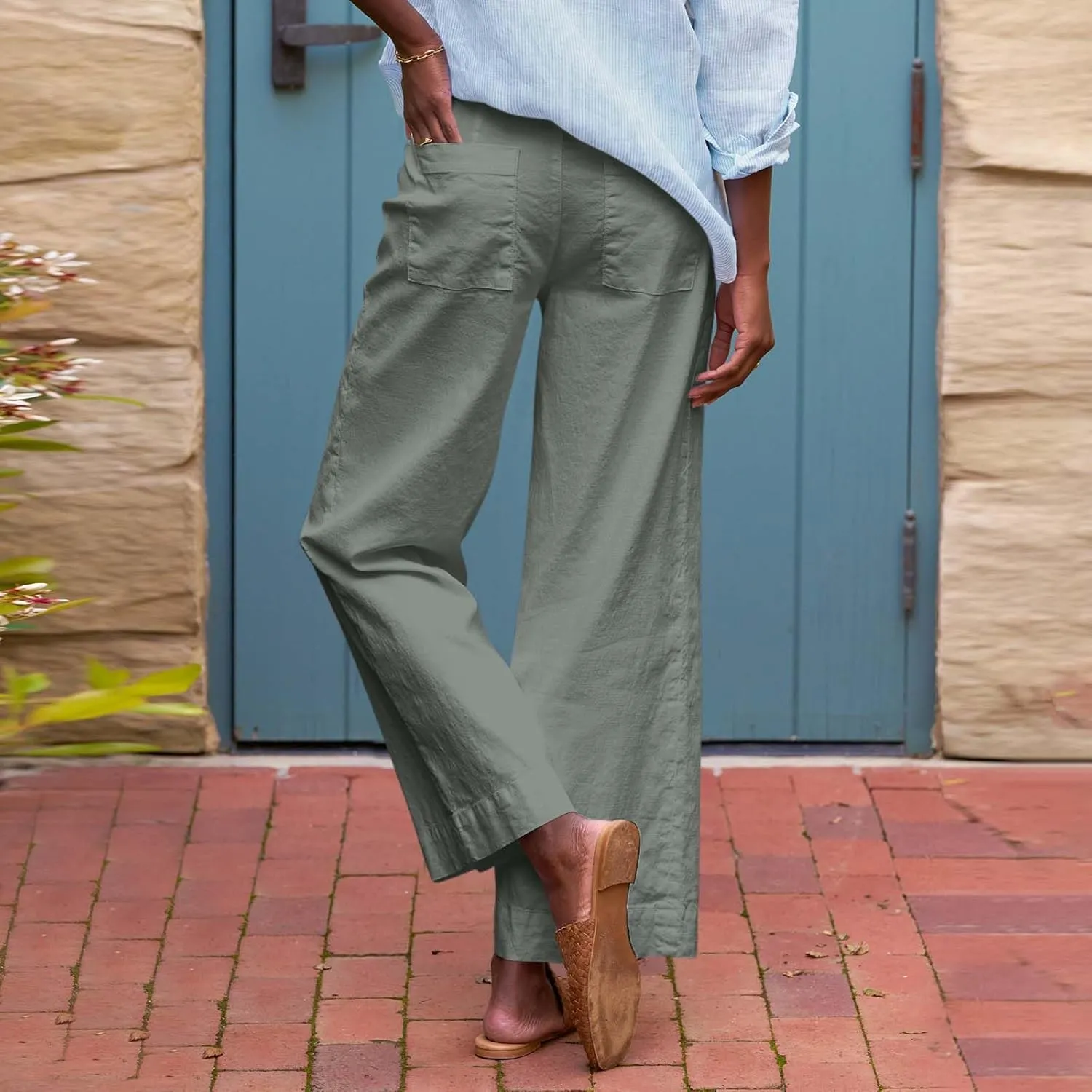 Cropped Linen Pants Women High Waisted Wide Leg Capri Work Pants Business Casual Ankle Teacher Pants with Pockets