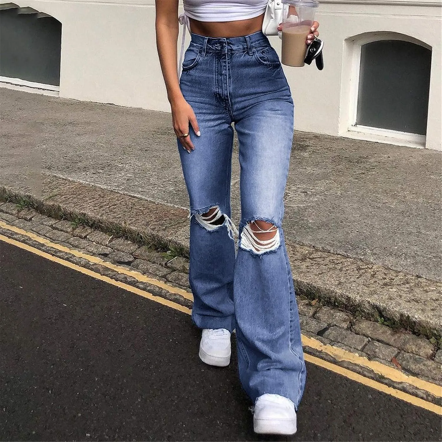 Curvy Jeans for Women, Women's Stretch Pull-On Jeans Skinny Ripped Distressed Denim Jeggings Regular-Plus Size