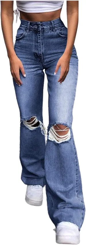 Curvy Jeans for Women, Women's Stretch Pull-On Jeans Skinny Ripped Distressed Denim Jeggings Regular-Plus Size