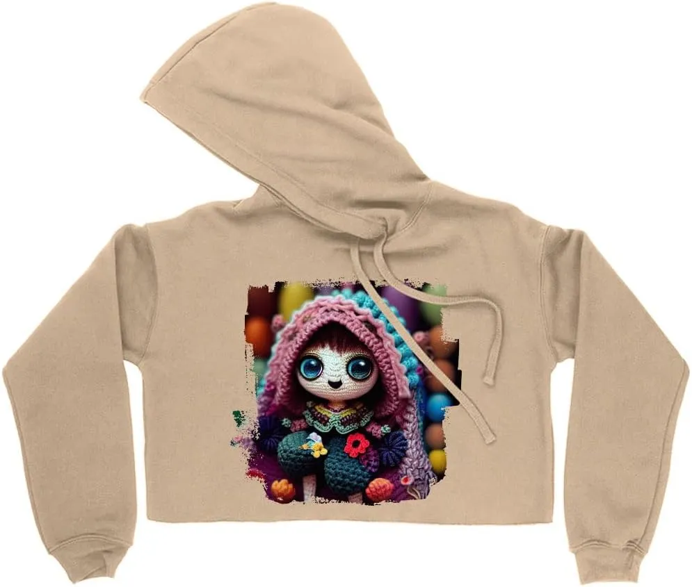 Cute Women's Cropped Fleece Hoodie - Doll Cropped Hoodie for Women - Printed Hooded Sweatshirt