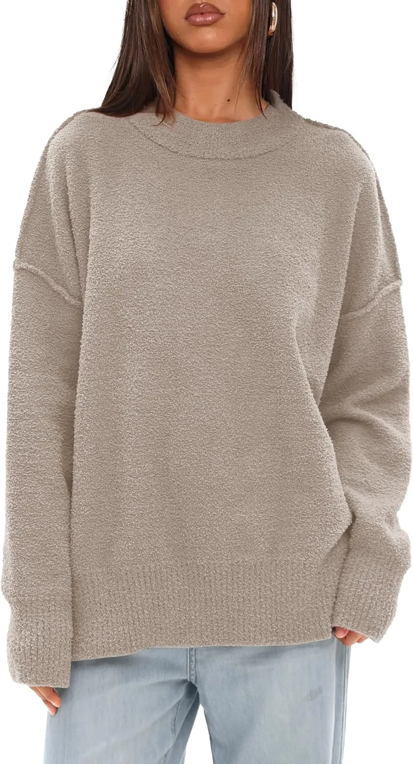 Darong Women Oversized Fuzzy Knit Sweater Long Sleeve Crew Neck Side Slit Pullover Sweaters Fall Winter Tops