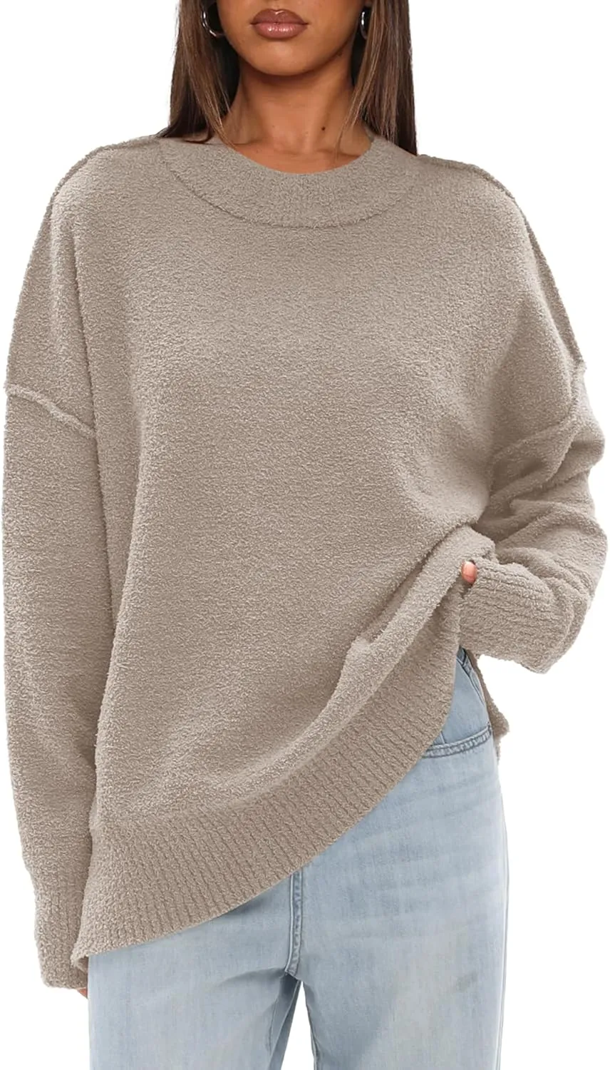 Darong Women Oversized Fuzzy Knit Sweater Long Sleeve Crew Neck Side Slit Pullover Sweaters Fall Winter Tops