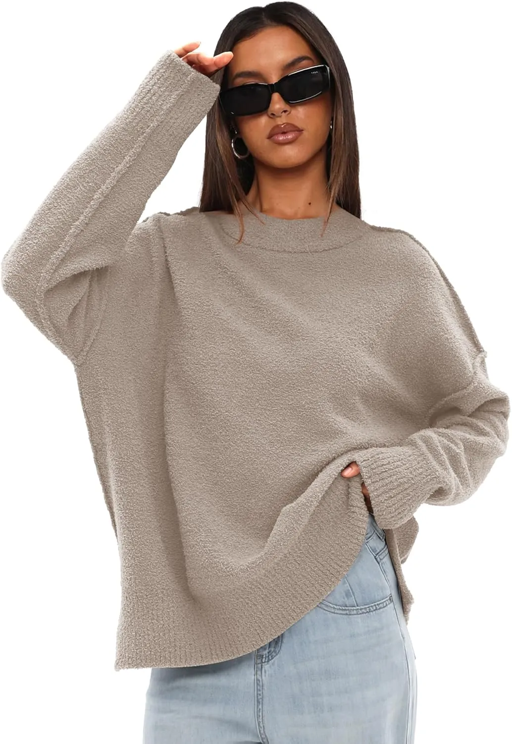 Darong Women Oversized Fuzzy Knit Sweater Long Sleeve Crew Neck Side Slit Pullover Sweaters Fall Winter Tops