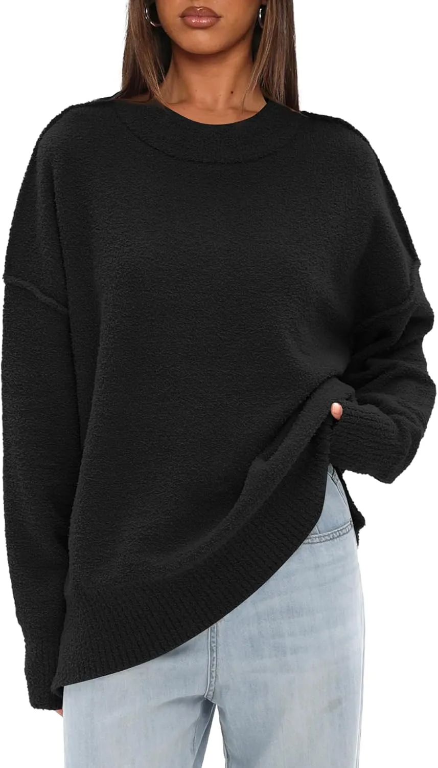 Darong Women Oversized Fuzzy Knit Sweater Long Sleeve Crew Neck Side Slit Pullover Sweaters Fall Winter Tops