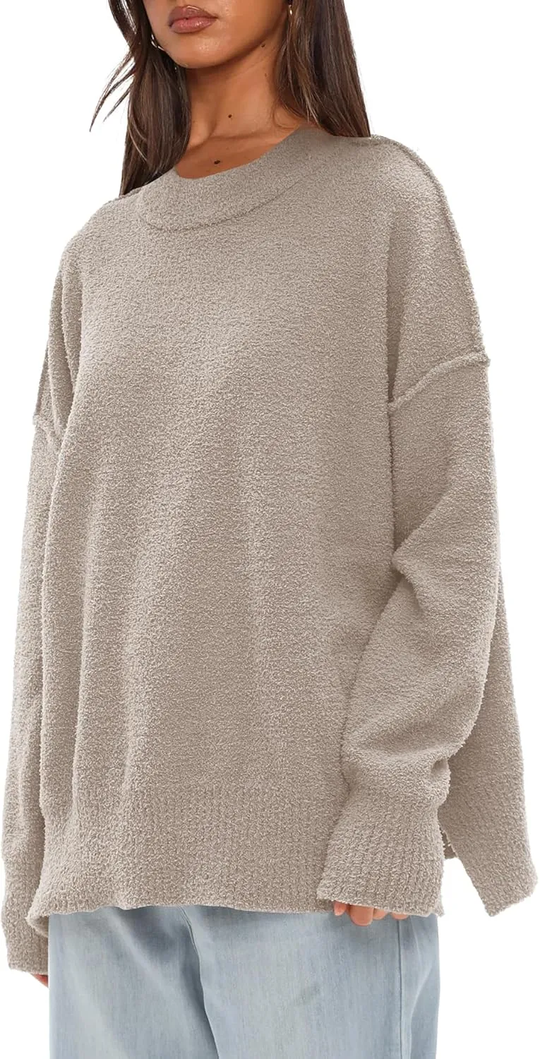 Darong Women Oversized Fuzzy Knit Sweater Long Sleeve Crew Neck Side Slit Pullover Sweaters Fall Winter Tops