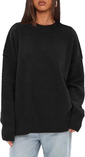 Darong Women Oversized Fuzzy Knit Sweater Long Sleeve Crew Neck Side Slit Pullover Sweaters Fall Winter Tops