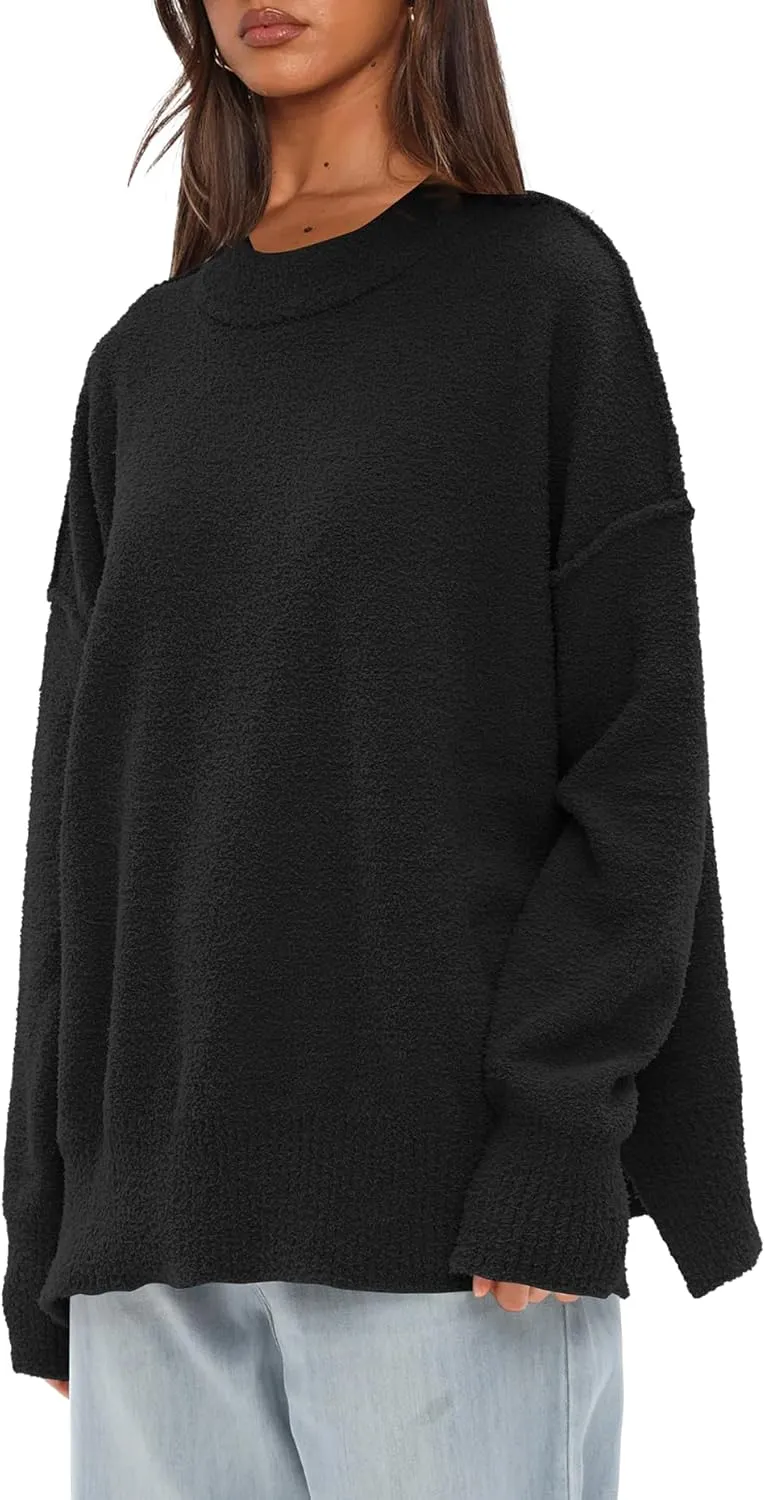 Darong Women Oversized Fuzzy Knit Sweater Long Sleeve Crew Neck Side Slit Pullover Sweaters Fall Winter Tops
