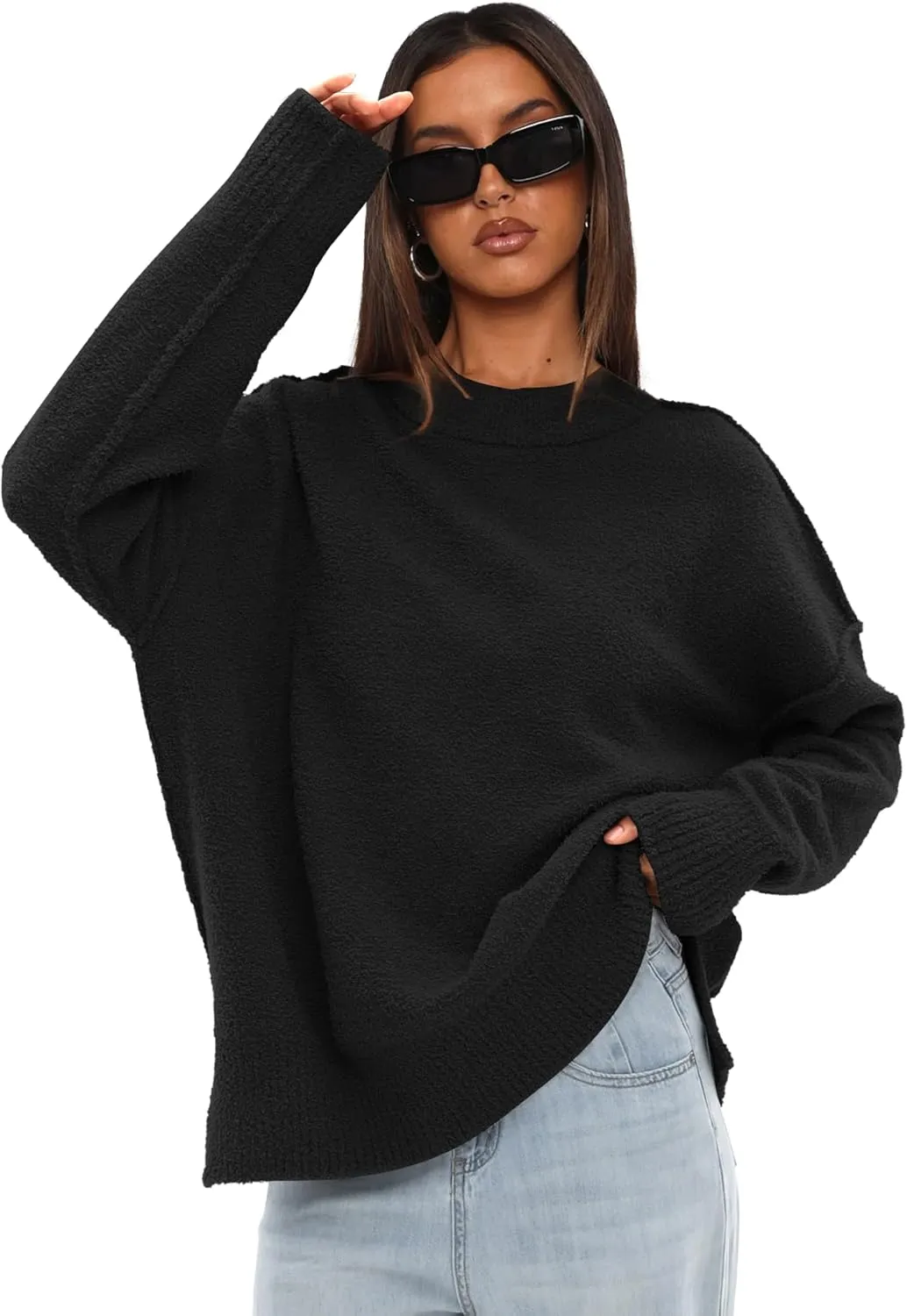 Darong Women Oversized Fuzzy Knit Sweater Long Sleeve Crew Neck Side Slit Pullover Sweaters Fall Winter Tops