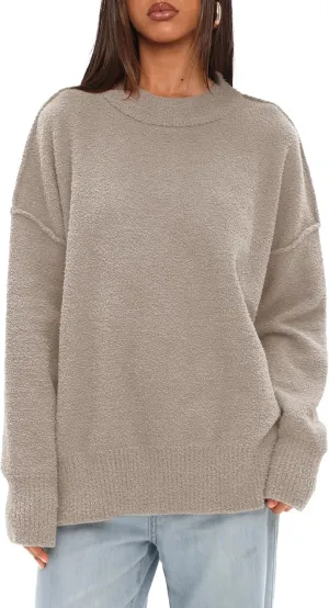 Darong Women Oversized Fuzzy Knit Sweater Long Sleeve Crew Neck Side Slit Pullover Sweaters Fall Winter Tops