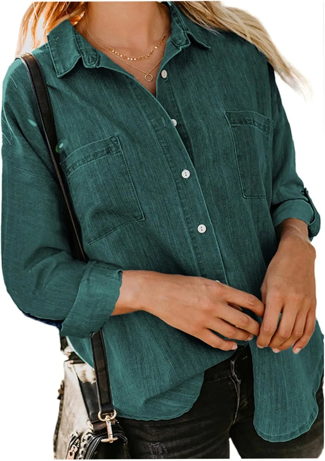 Denim Button Down Shirt Women Jean Shirts Jacket Dressy Casual Long Sleeve Blouses Tops Oversized Shacket with Pockets