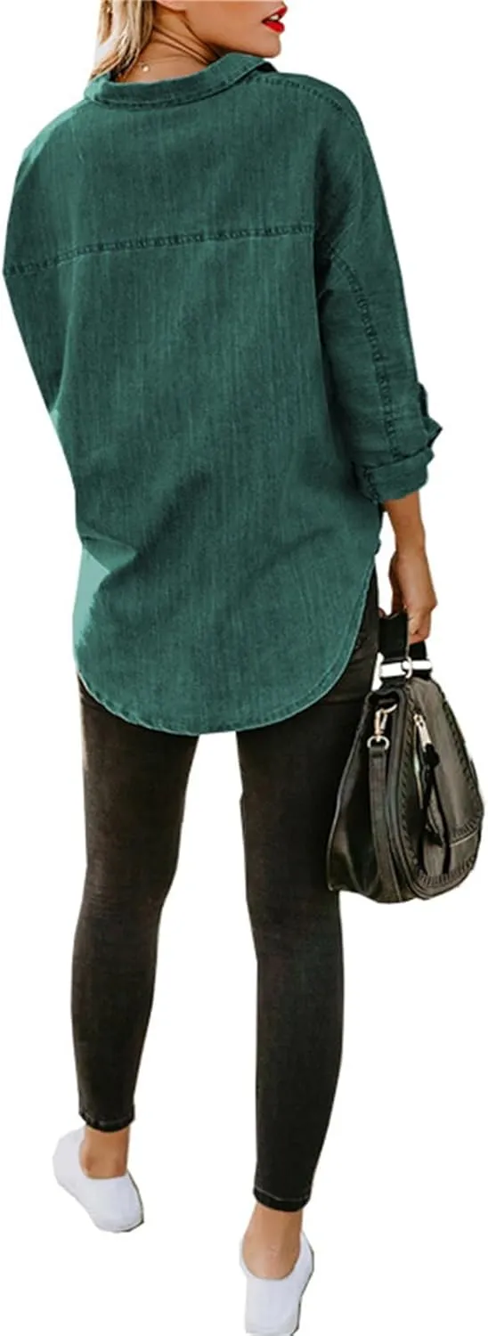 Denim Button Down Shirt Women Jean Shirts Jacket Dressy Casual Long Sleeve Blouses Tops Oversized Shacket with Pockets
