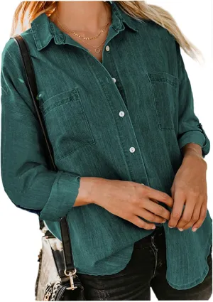 Denim Button Down Shirt Women Jean Shirts Jacket Dressy Casual Long Sleeve Blouses Tops Oversized Shacket with Pockets