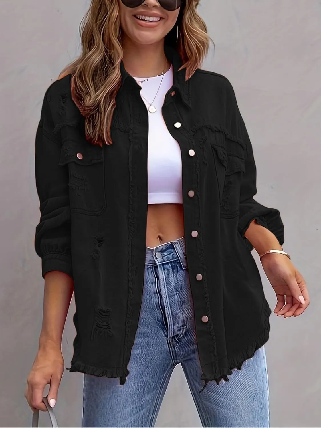 Denim Jacket for Women 2024 Oversized Ripped Jean Jacket Boyfriend Button Down Shirt Frayed Denim Coat Shacket Jacket