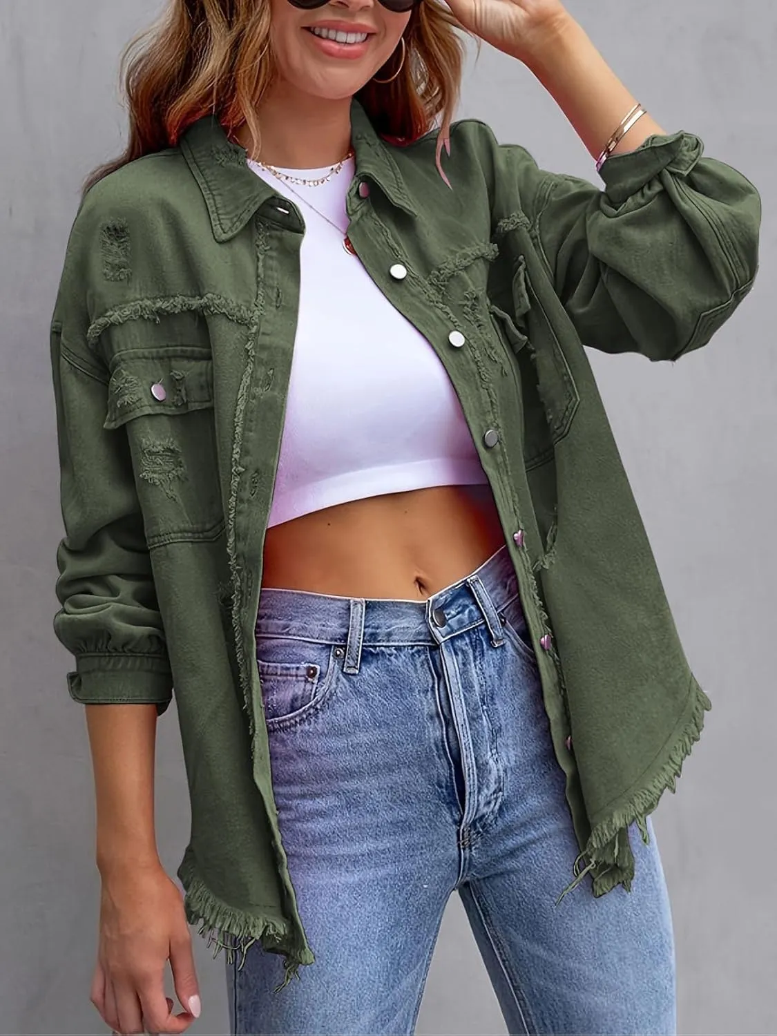 Denim Jacket for Women 2024 Oversized Ripped Jean Jacket Boyfriend Button Down Shirt Frayed Denim Coat Shacket Jacket