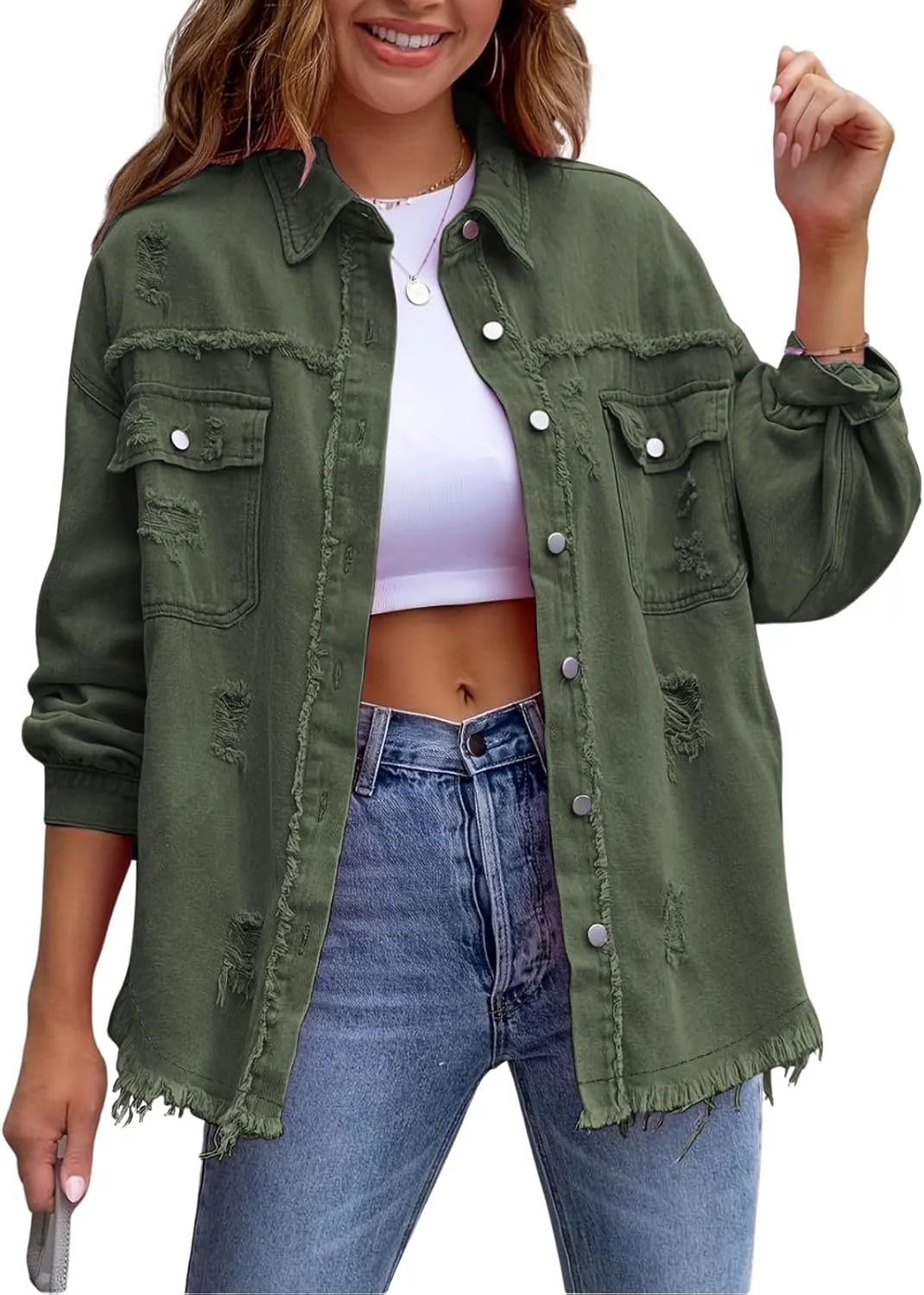 Denim Jacket for Women 2024 Oversized Ripped Jean Jacket Boyfriend Button Down Shirt Frayed Denim Coat Shacket Jacket