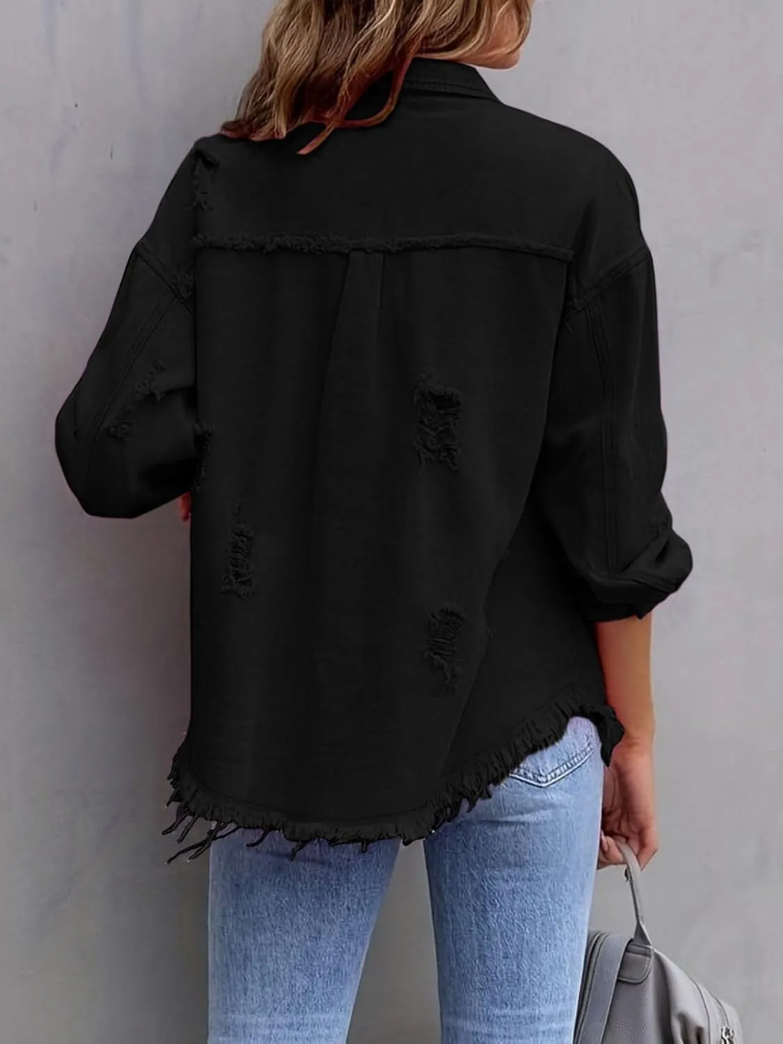 Denim Jacket for Women 2024 Oversized Ripped Jean Jacket Boyfriend Button Down Shirt Frayed Denim Coat Shacket Jacket