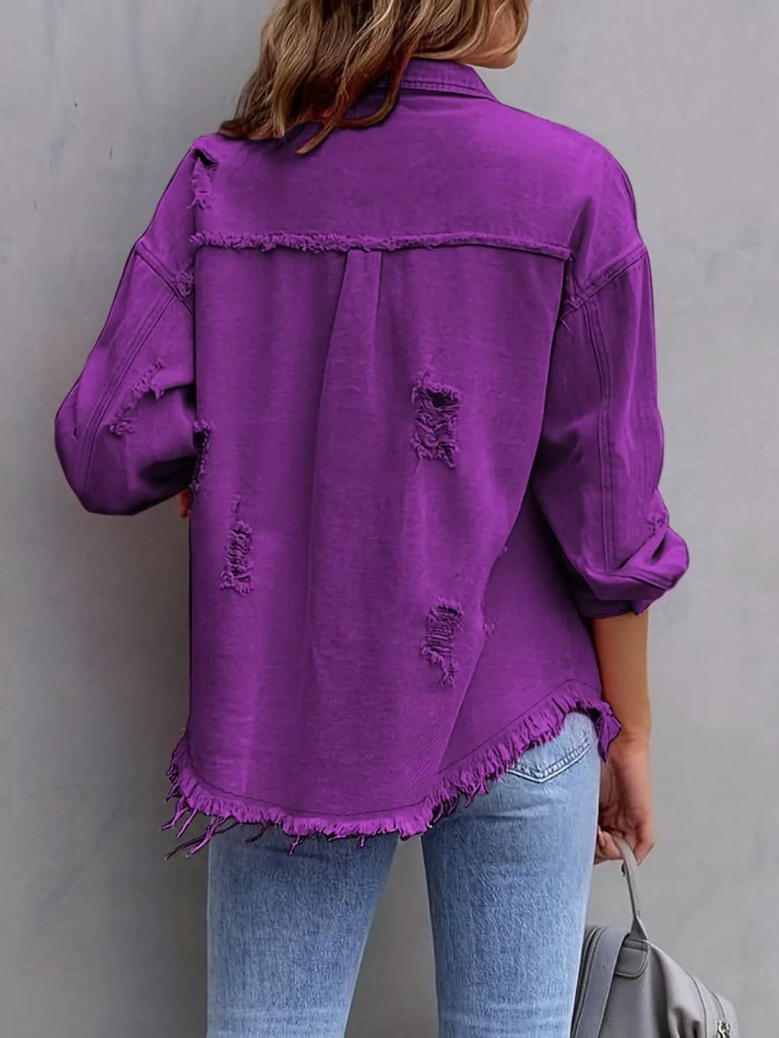 Denim Jacket for Women 2024 Oversized Ripped Jean Jacket Boyfriend Button Down Shirt Frayed Denim Coat Shacket Jacket