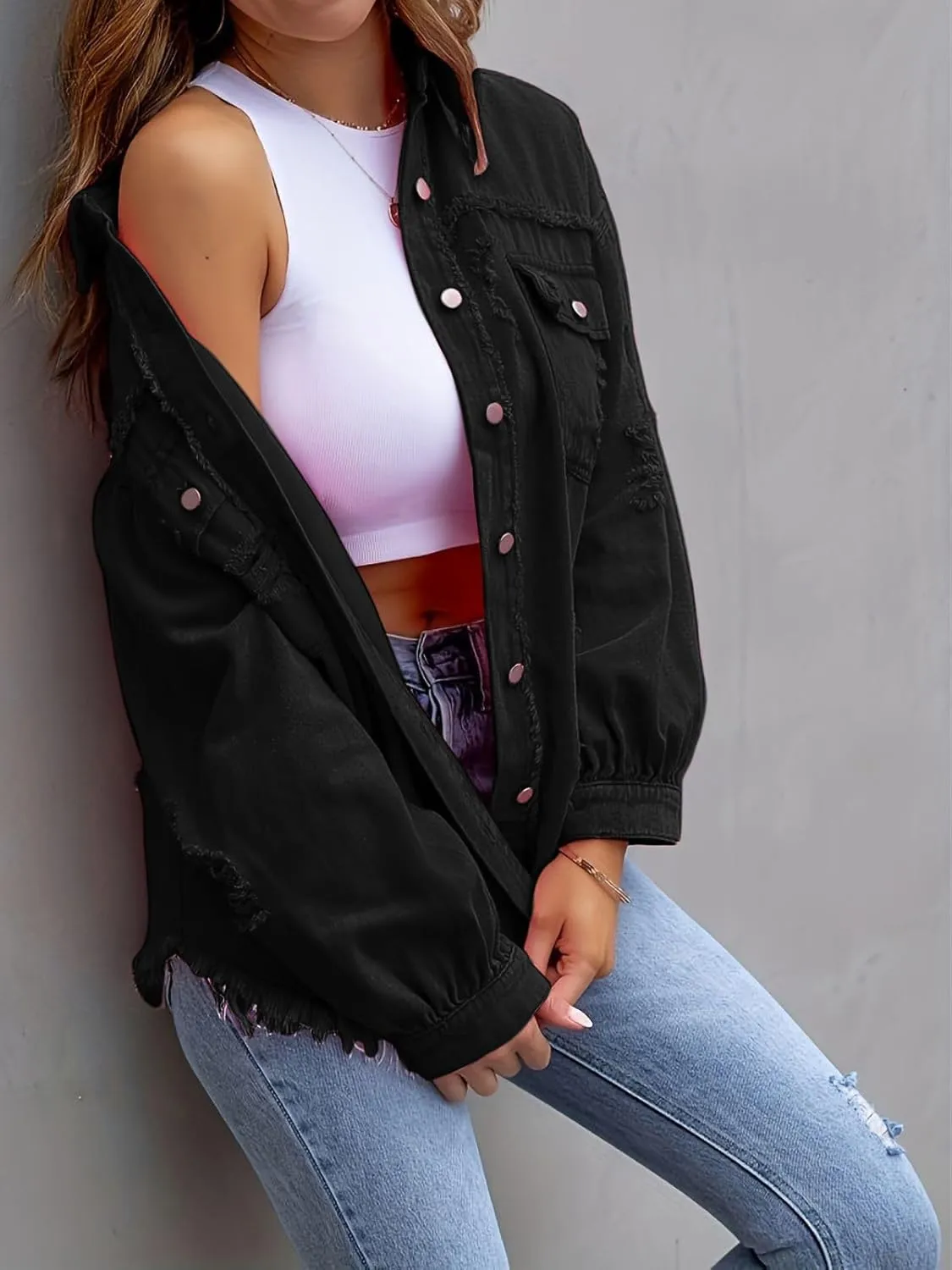 Denim Jacket for Women 2024 Oversized Ripped Jean Jacket Boyfriend Button Down Shirt Frayed Denim Coat Shacket Jacket