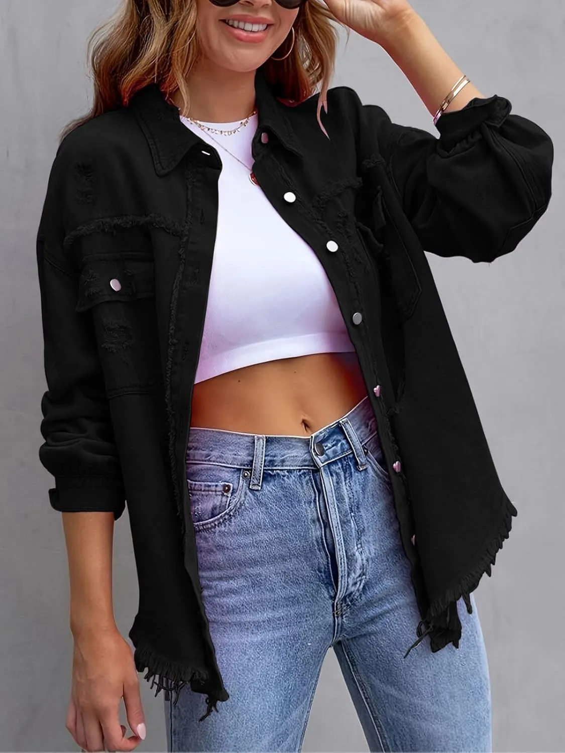 Denim Jacket for Women 2024 Oversized Ripped Jean Jacket Boyfriend Button Down Shirt Frayed Denim Coat Shacket Jacket