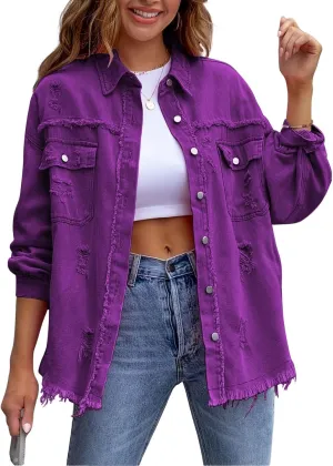 Denim Jacket for Women 2024 Oversized Ripped Jean Jacket Boyfriend Button Down Shirt Frayed Denim Coat Shacket Jacket