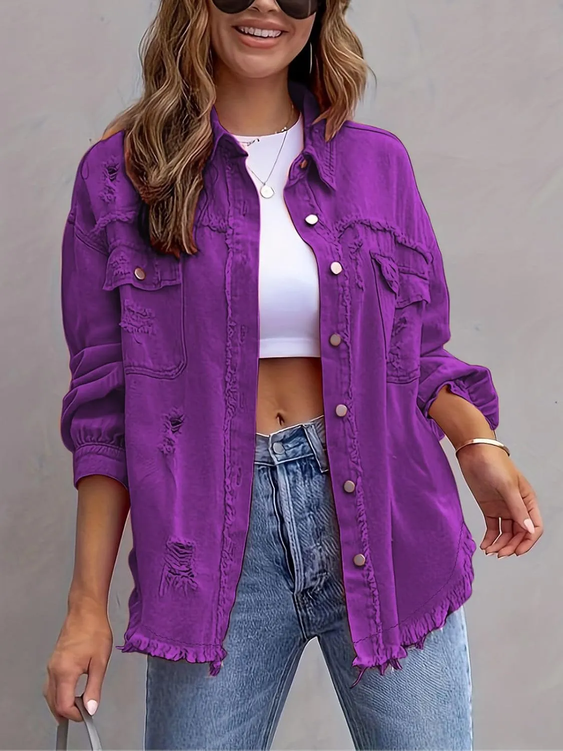 Denim Jacket for Women 2024 Oversized Ripped Jean Jacket Boyfriend Button Down Shirt Frayed Denim Coat Shacket Jacket