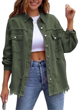 Denim Jacket for Women 2024 Oversized Ripped Jean Jacket Boyfriend Button Down Shirt Frayed Denim Coat Shacket Jacket