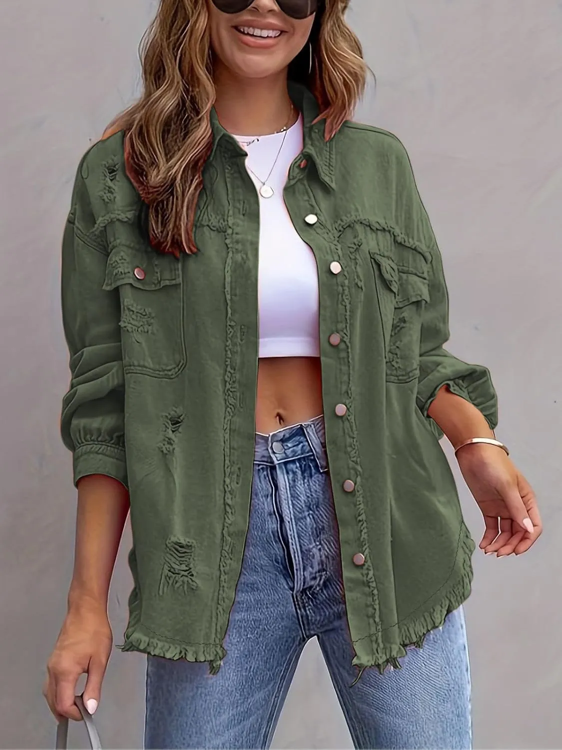 Denim Jacket for Women 2024 Oversized Ripped Jean Jacket Boyfriend Button Down Shirt Frayed Denim Coat Shacket Jacket