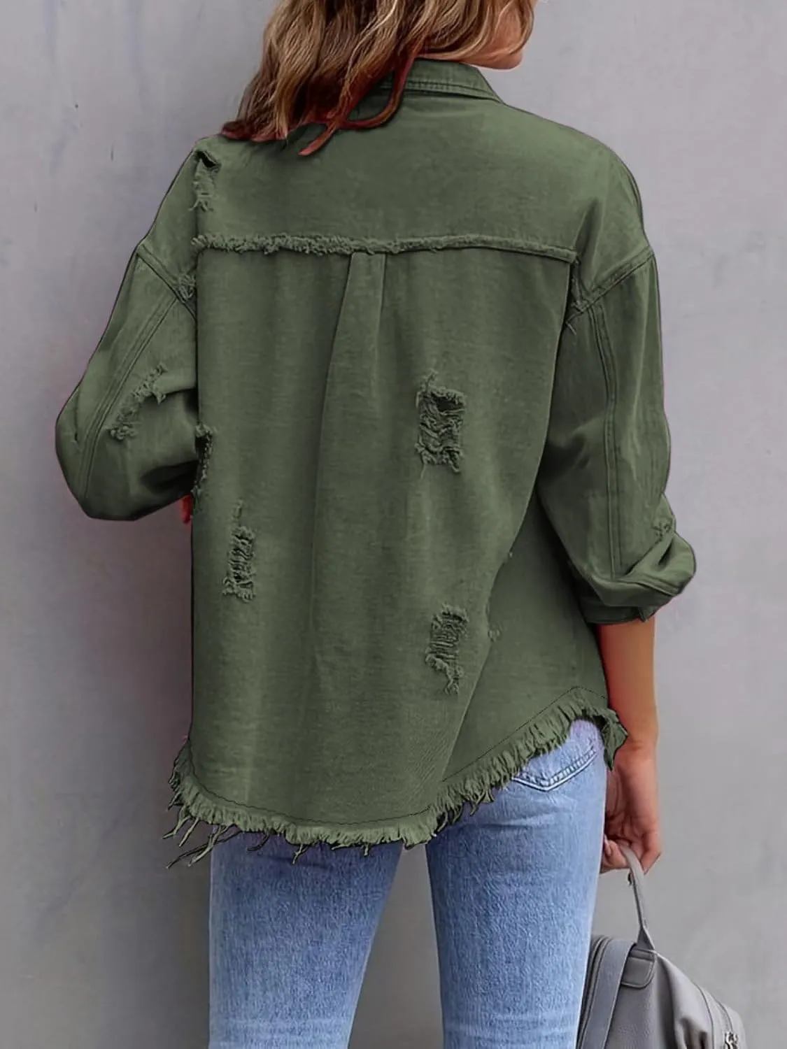 Denim Jacket for Women 2024 Oversized Ripped Jean Jacket Boyfriend Button Down Shirt Frayed Denim Coat Shacket Jacket