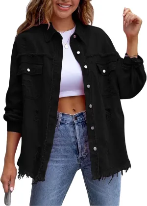 Denim Jacket for Women 2024 Oversized Ripped Jean Jacket Boyfriend Button Down Shirt Frayed Denim Coat Shacket Jacket
