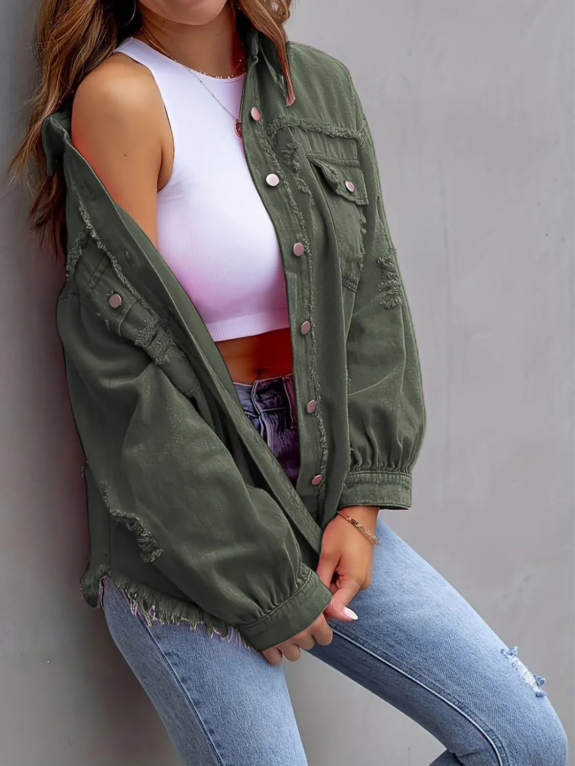 Denim Jacket for Women 2024 Oversized Ripped Jean Jacket Boyfriend Button Down Shirt Frayed Denim Coat Shacket Jacket
