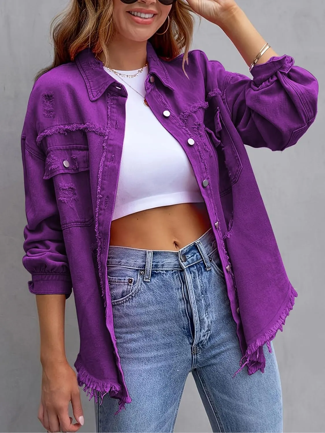 Denim Jacket for Women 2024 Oversized Ripped Jean Jacket Boyfriend Button Down Shirt Frayed Denim Coat Shacket Jacket
