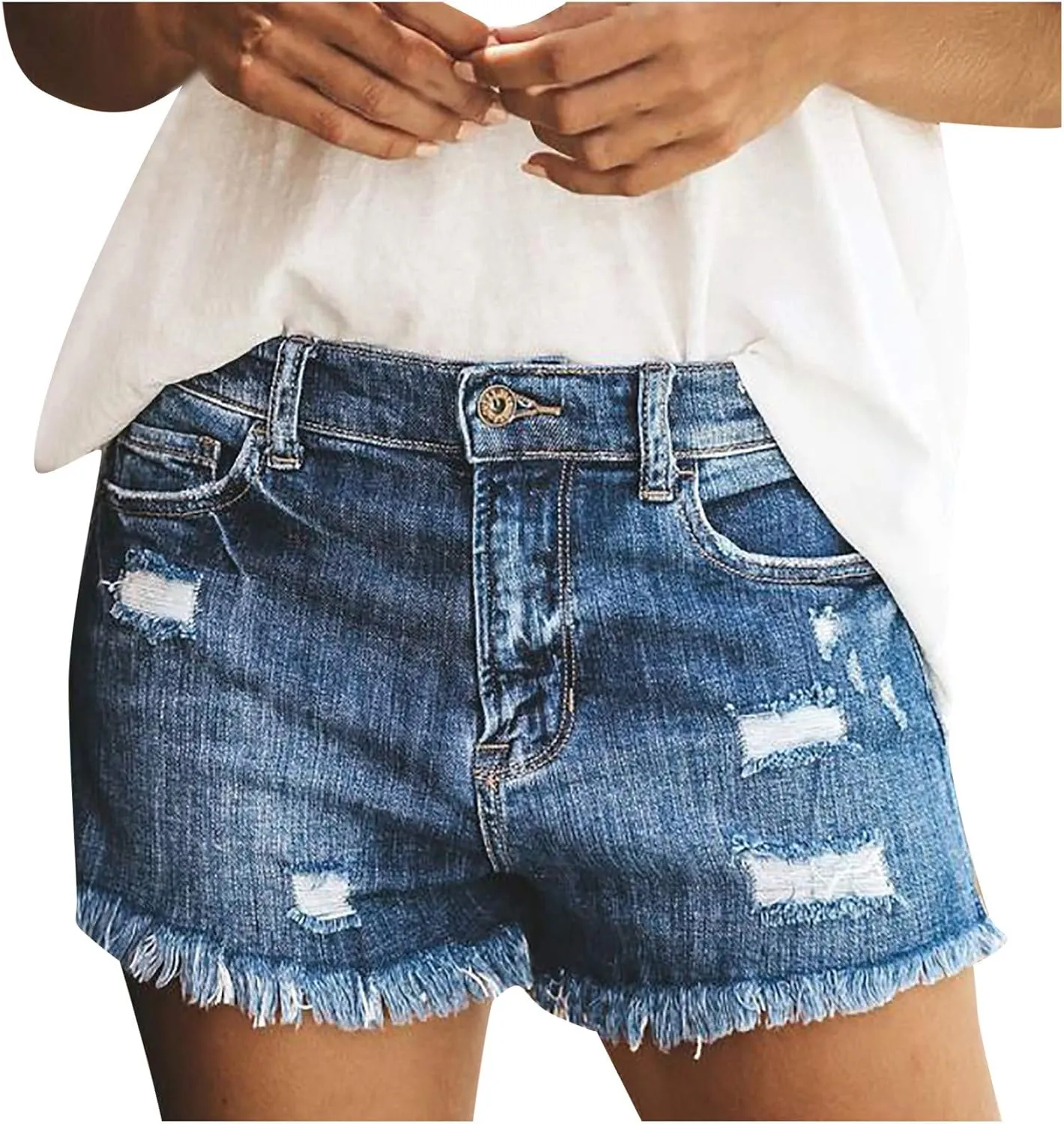 Denim Shorts for Women High Waisted Seamless Comfy Elastic Button Casual Frayed Raw Hem Jeans Shorts with Pockets