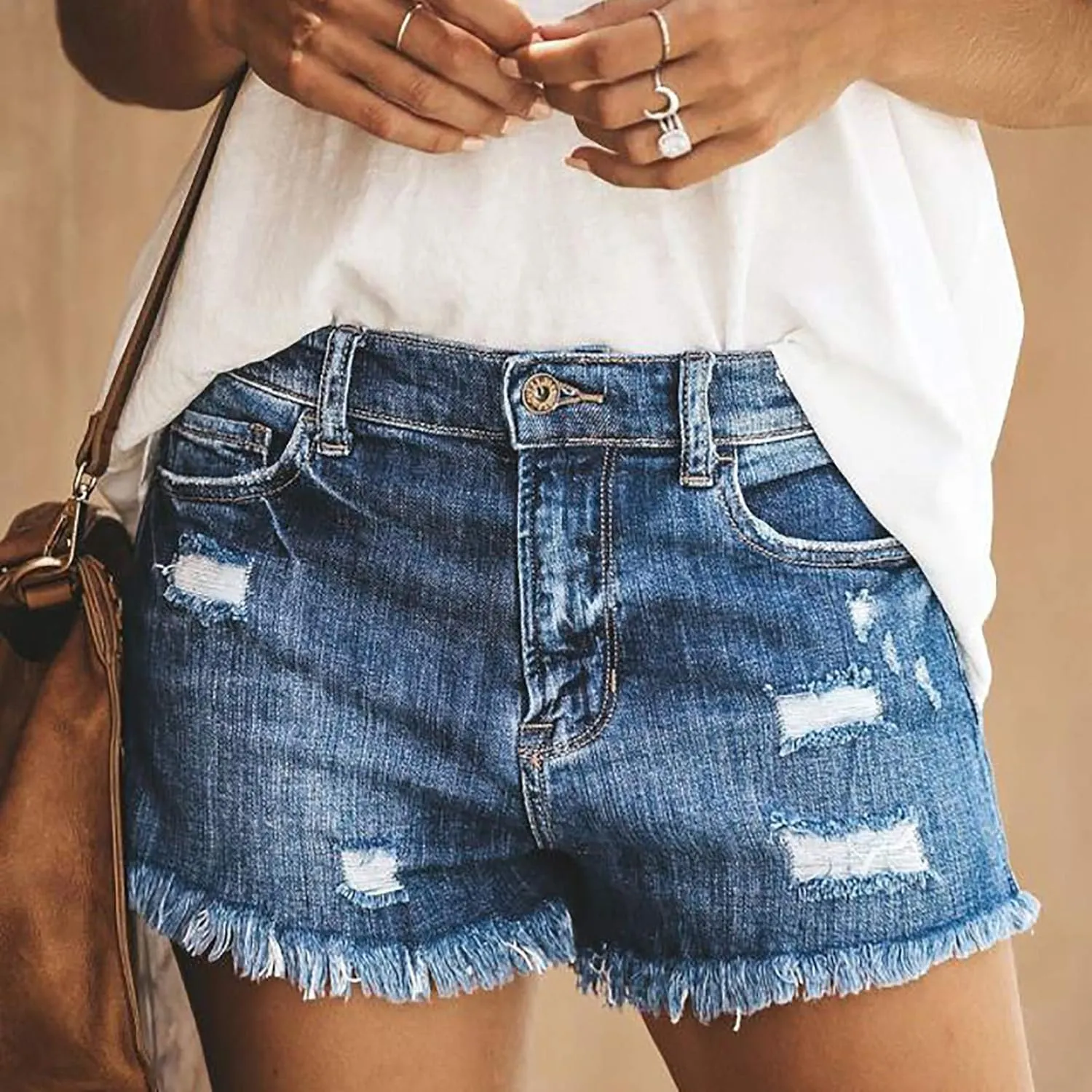 Denim Shorts for Women High Waisted Seamless Comfy Elastic Button Casual Frayed Raw Hem Jeans Shorts with Pockets