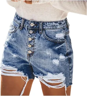 Denim Shorts Women Sexy Fashionable Low Rise Stretchy Vintage Shorts Jeans Plain Color Frayed Hem Hot Shorts