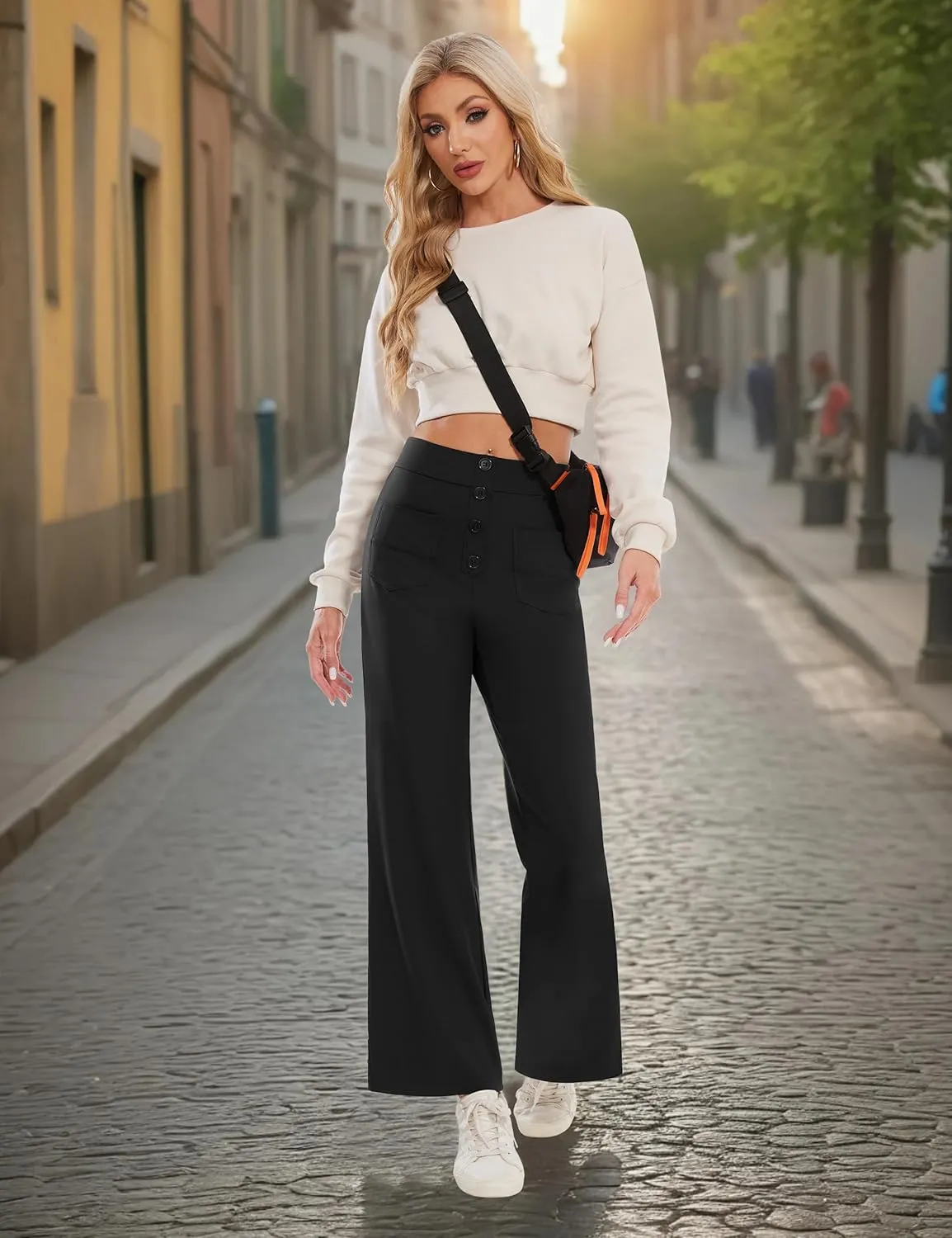 Desol Women's Straight Leg Pants High Waisted Button Stretchy Work Pants Business Casual Work Trousers with Multiple Pockets