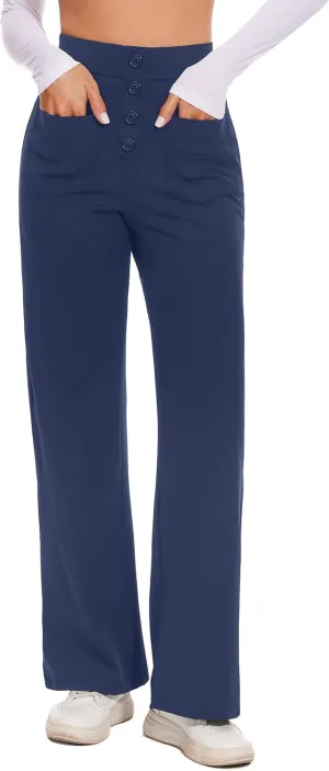 Desol Women's Straight Leg Pants High Waisted Button Stretchy Work Pants Business Casual Work Trousers with Multiple Pockets