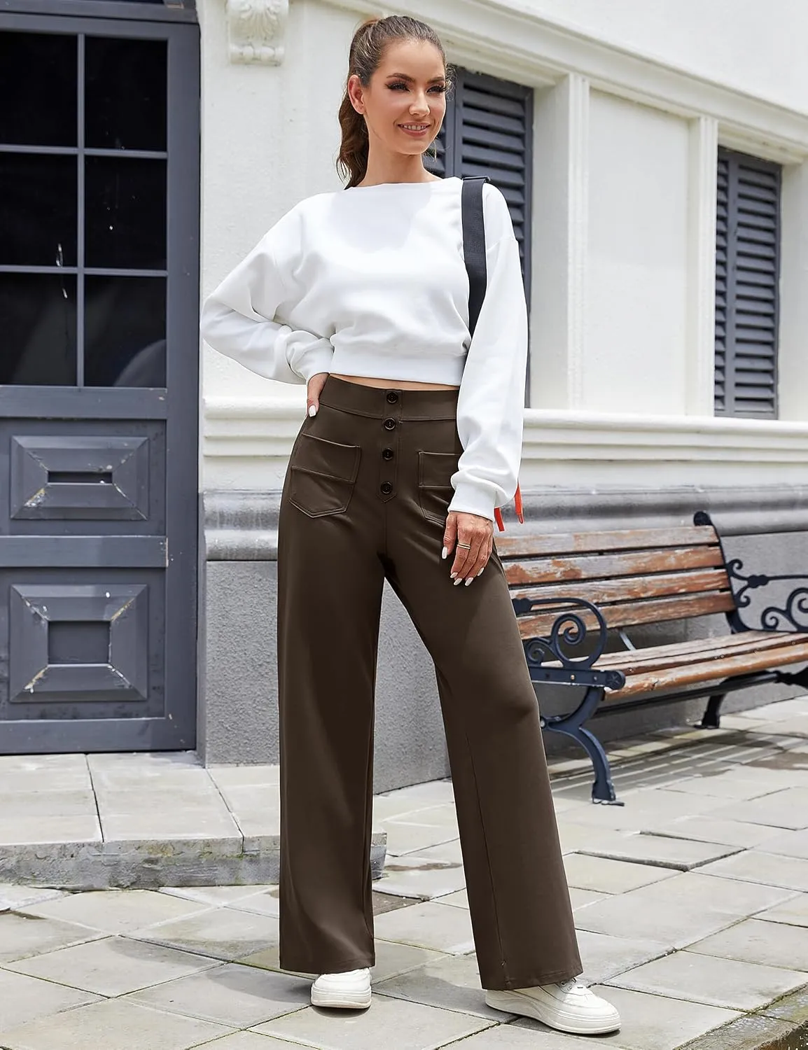 Desol Women's Straight Leg Pants High Waisted Button Stretchy Work Pants Business Casual Work Trousers with Multiple Pockets
