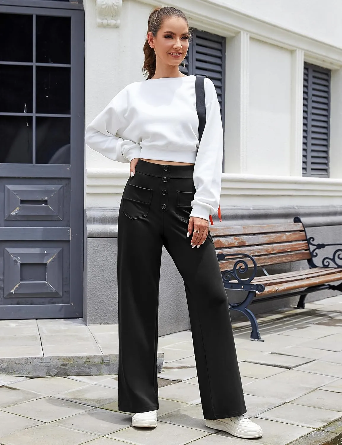 Desol Women's Straight Leg Pants High Waisted Button Stretchy Work Pants Business Casual Work Trousers with Multiple Pockets