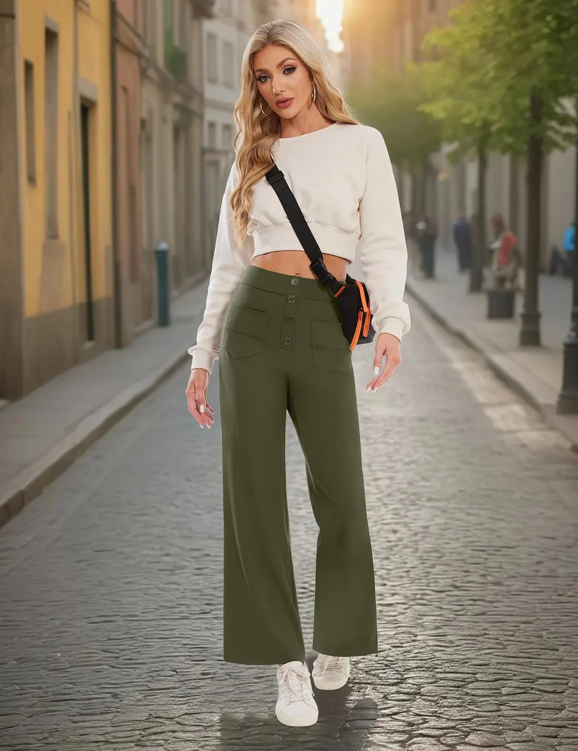 Desol Women's Straight Leg Pants High Waisted Button Stretchy Work Pants Business Casual Work Trousers with Multiple Pockets