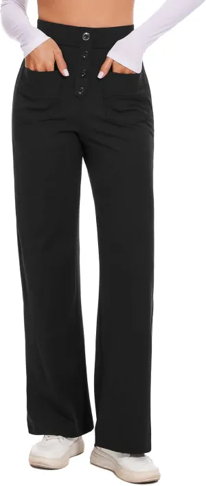 Desol Women's Straight Leg Pants High Waisted Button Stretchy Work Pants Business Casual Work Trousers with Multiple Pockets